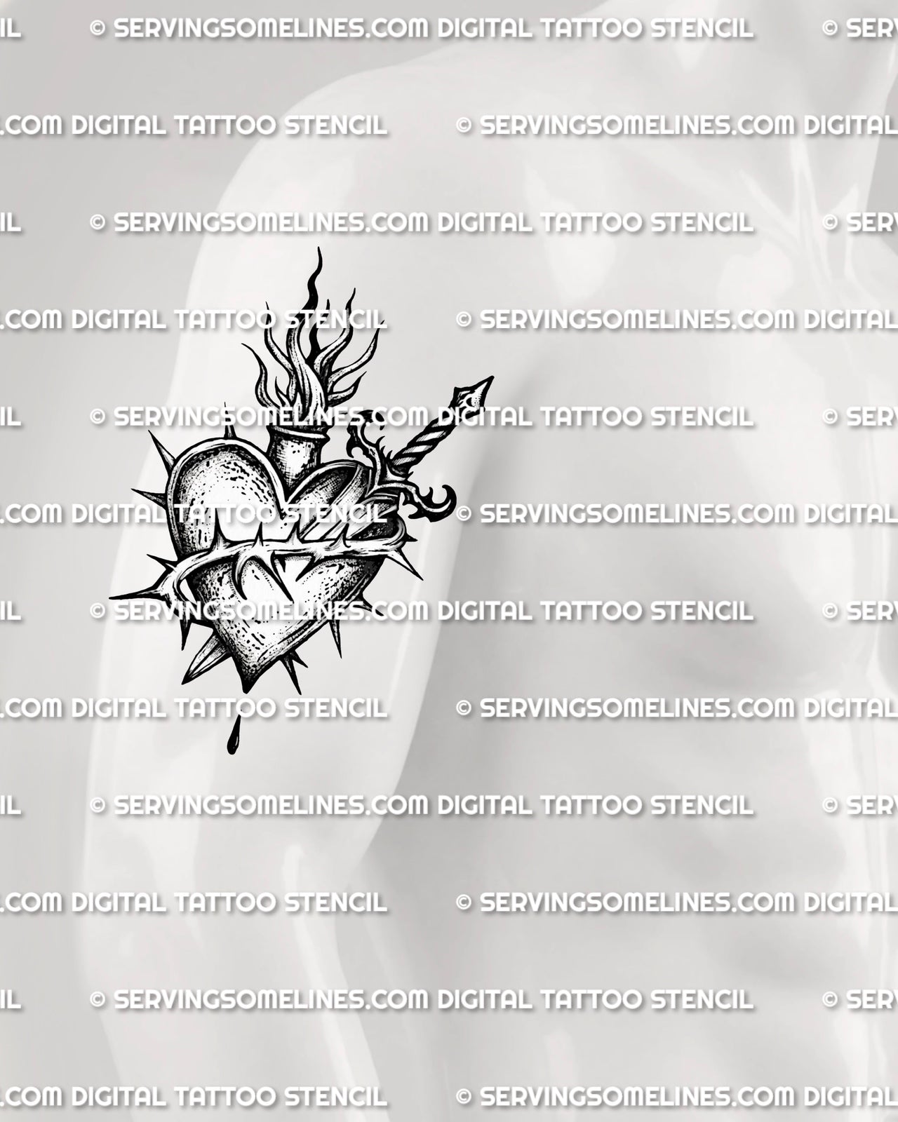 Sacred heart and dagger tattoo stencil shown on men’s upper arm placement with dagger and thorn wrap detail