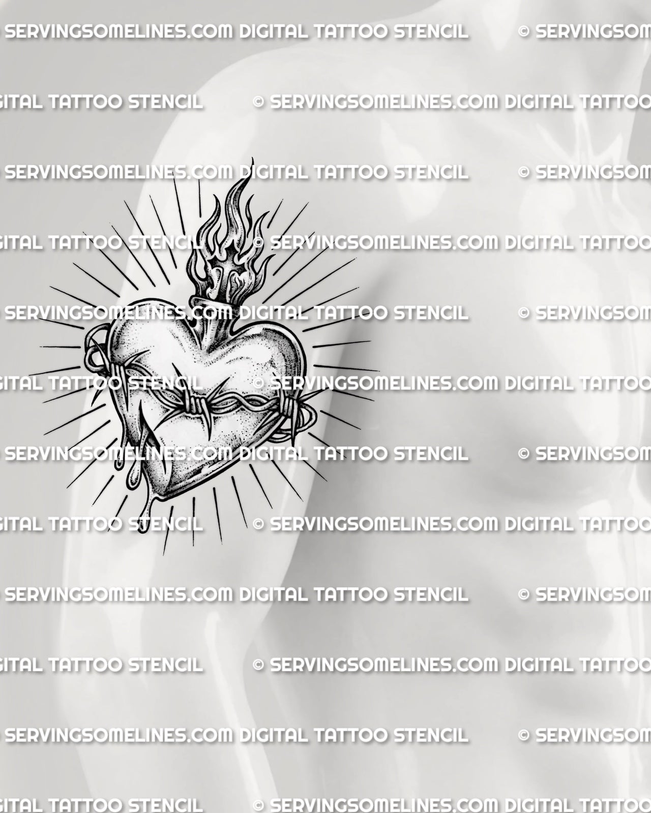 Sacred heart tattoo stencil shown on men’s upper arm placement with barbed wire detail