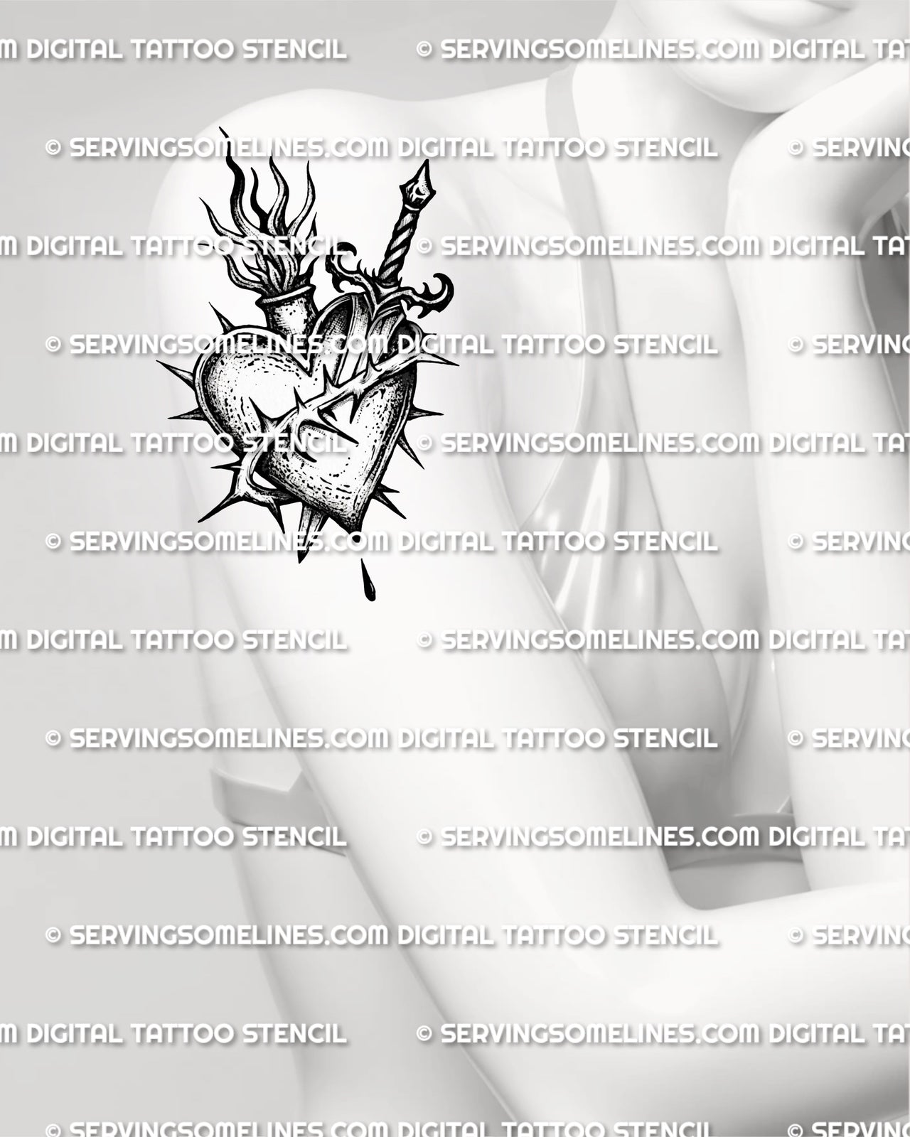 Sacred heart with dagger tattoo shown on women’s arm placement with flame and thorn wrap detail