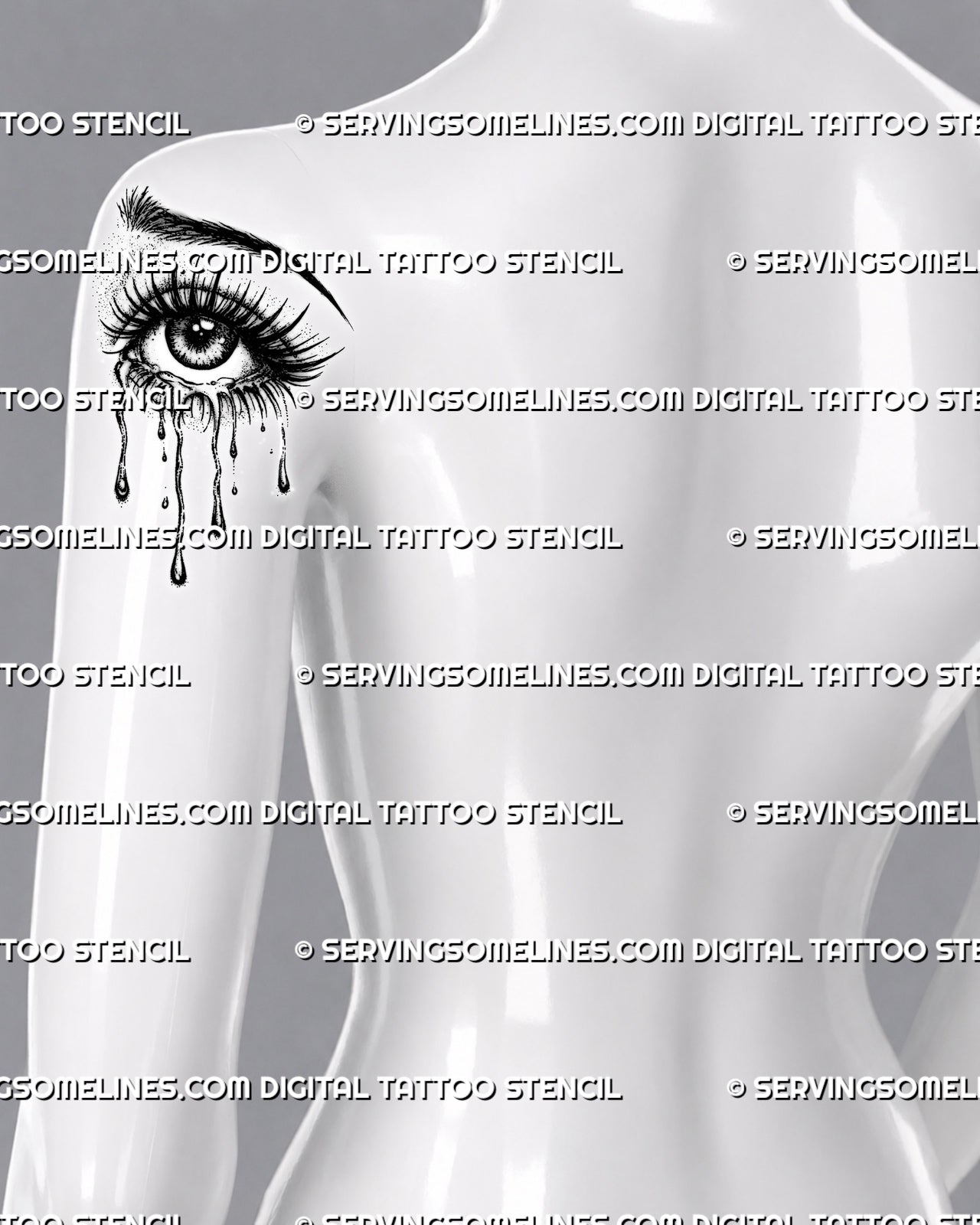 Sad eye tattoo stencil shown on upper arm, with long lashes, glossy pupil highlights, dotted shading, and tears under the lid.