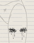 Front-thigh layout of sad girl tattoo flash download, two crying anime eyes with cascading teardrops and subtle stars, sized for bold yet elegant placement.