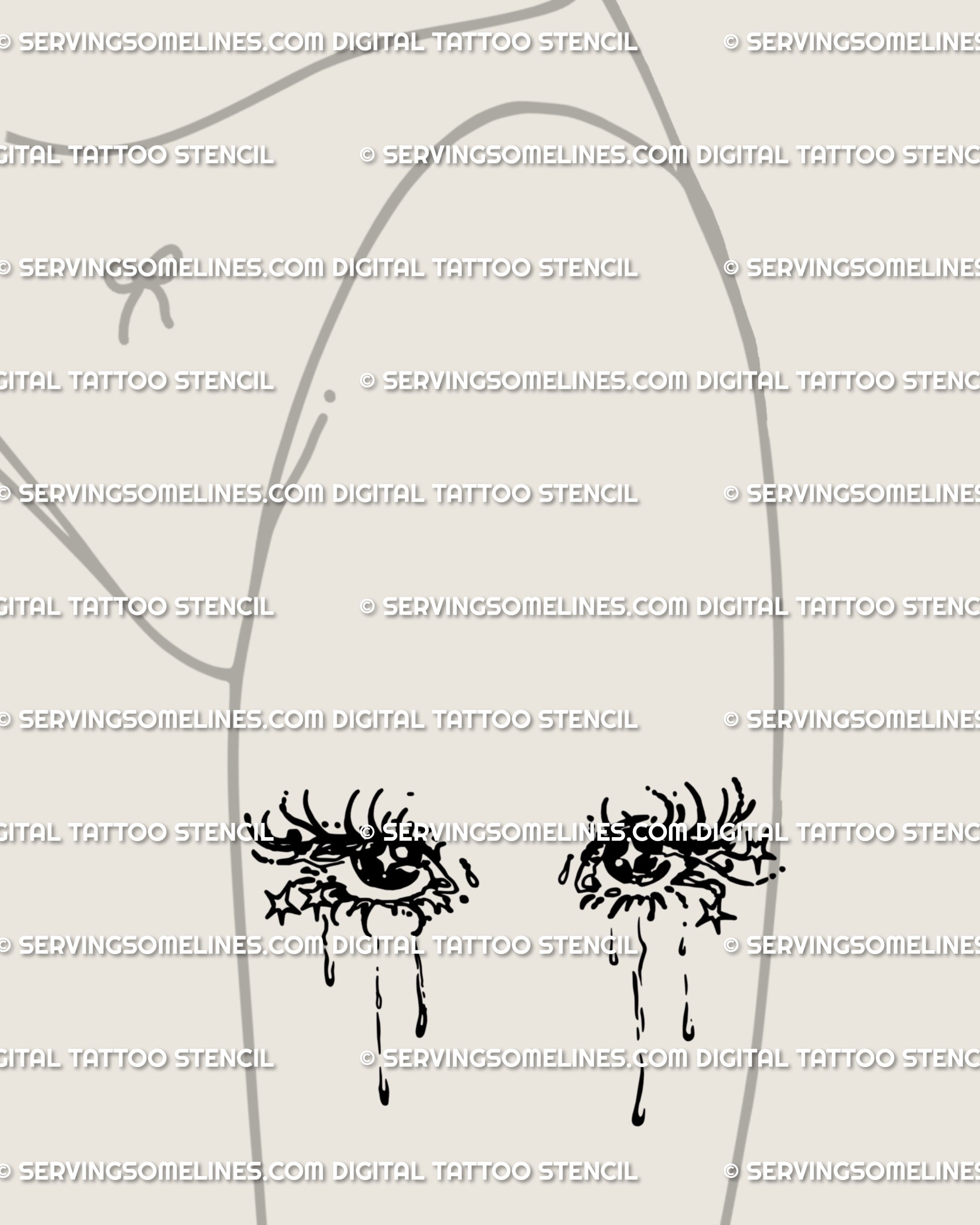 Front-thigh layout of sad girl tattoo flash download, two crying anime eyes with cascading teardrops and subtle stars, sized for bold yet elegant placement.