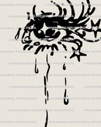 Single-eye close-up, a sad romance tattoo design with a glossy tear and delicate lashes; minimalist linework suited for micro or small accent tattoos.