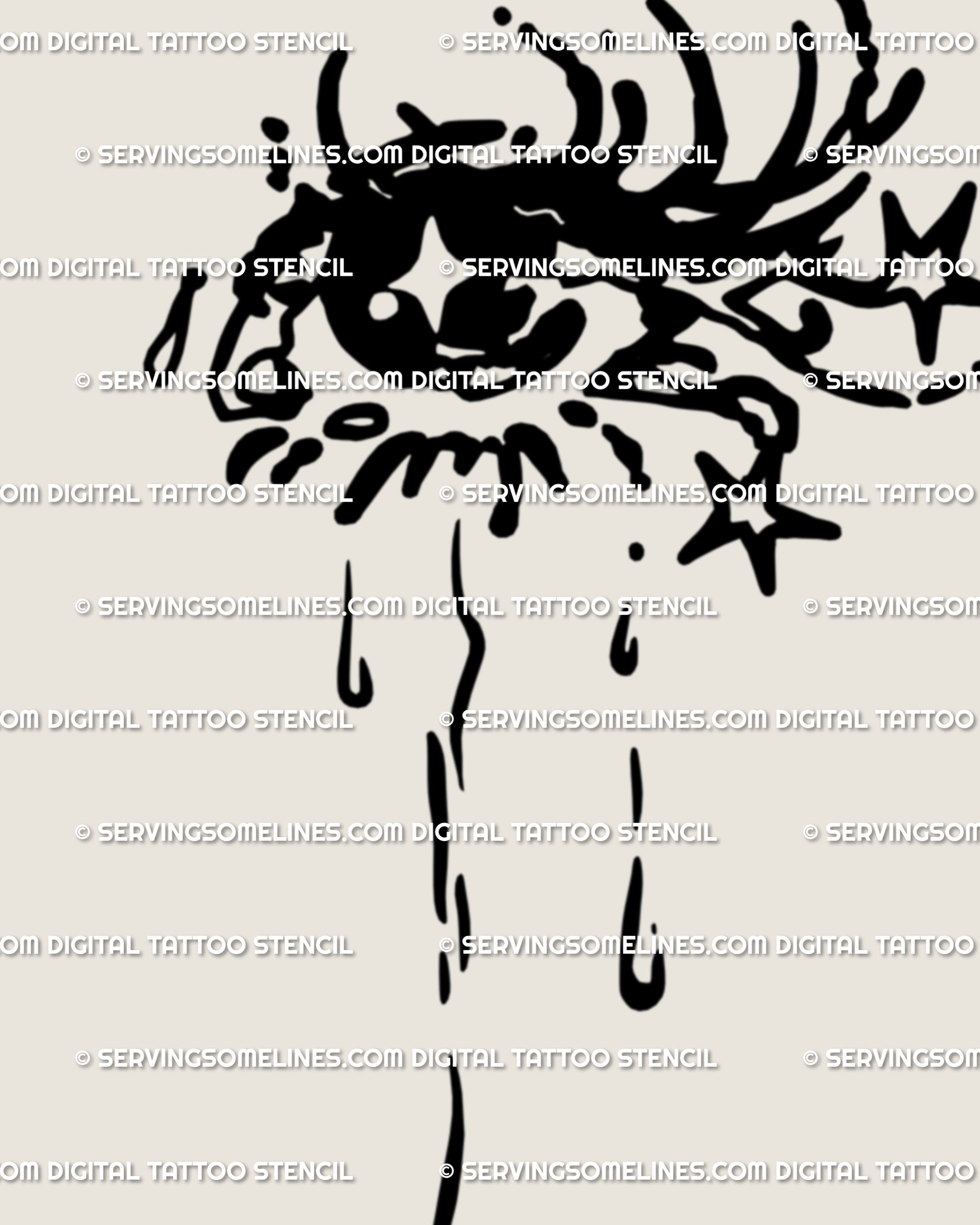 Single-eye close-up, a sad romance tattoo design with a glossy tear and delicate lashes; minimalist linework suited for micro or small accent tattoos.
