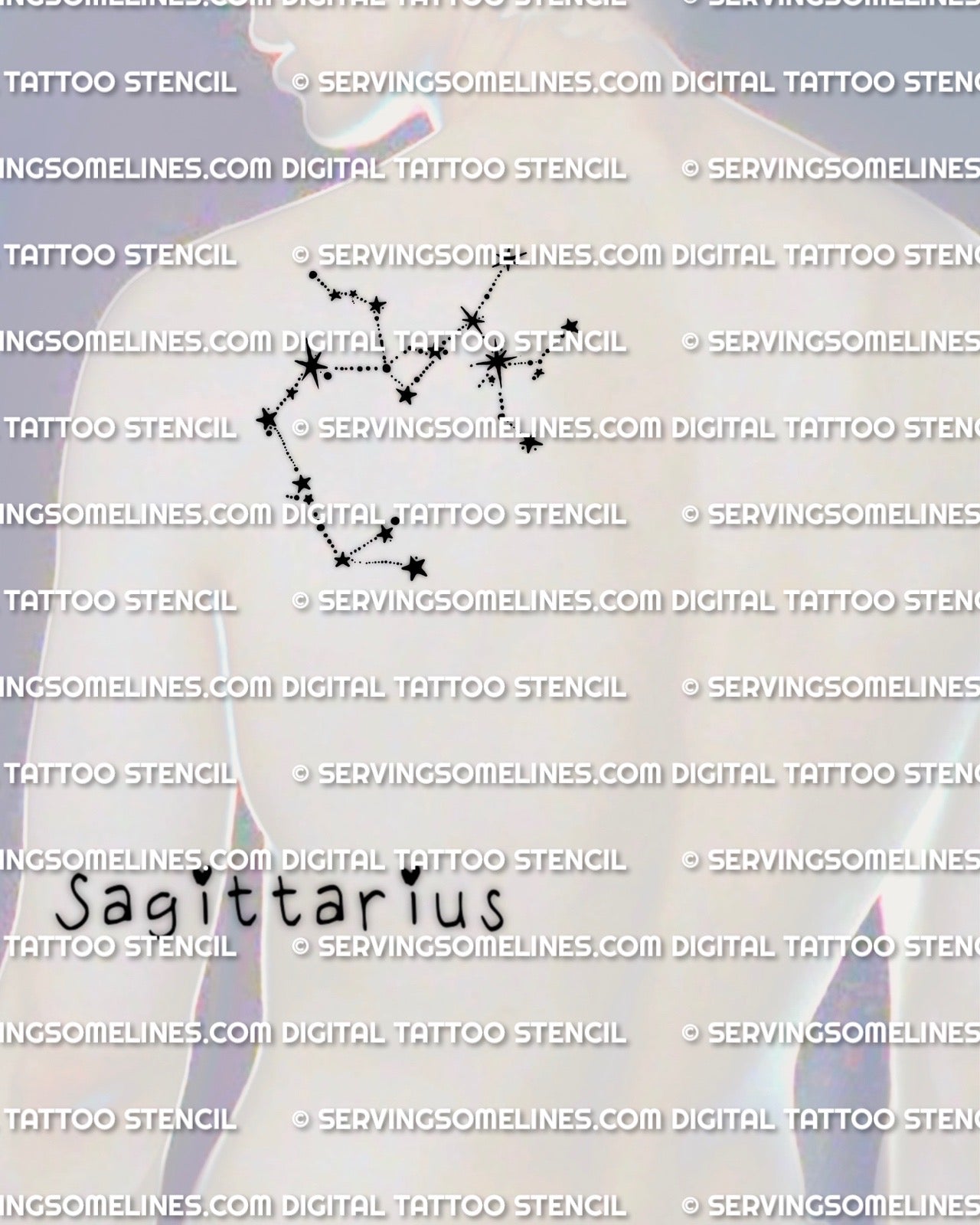 Sagittarius constellation tattoo stencil digital download displayed on men’s back shoulder placement with precise zodiac star layout
