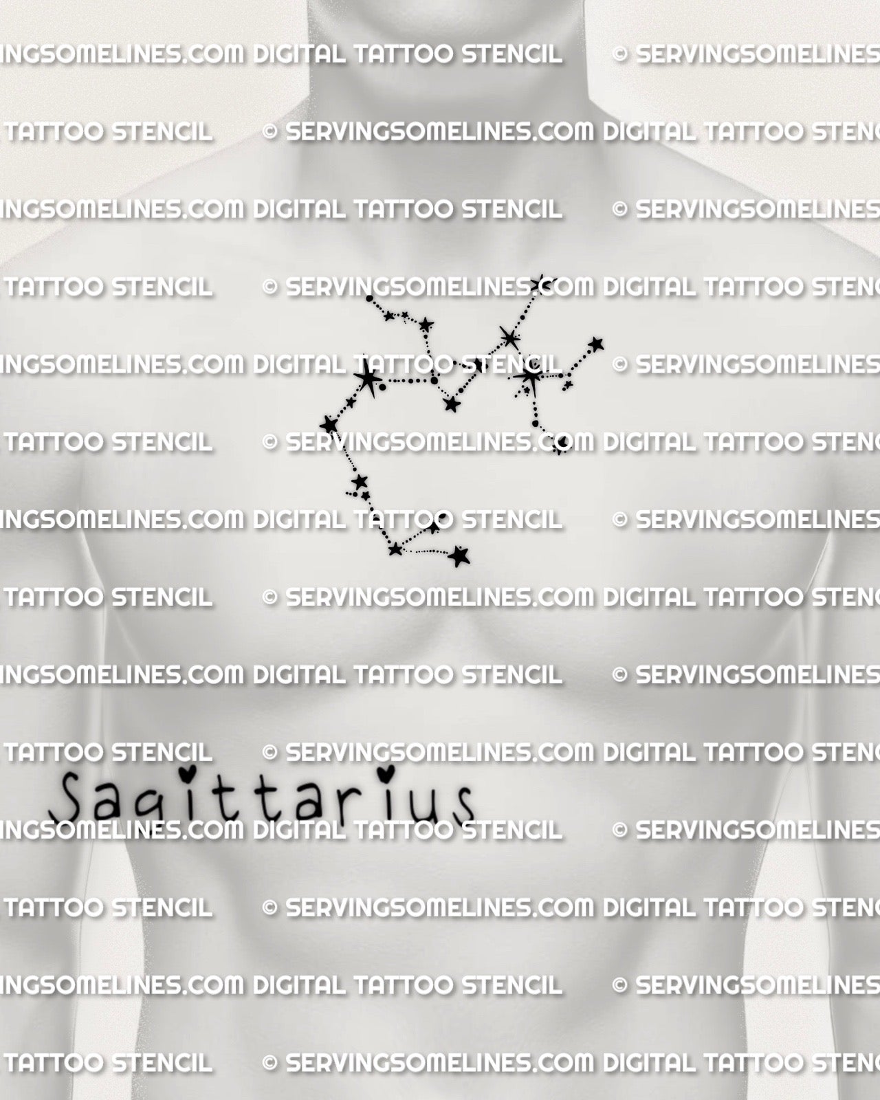 Sagittarius constellation tattoo stencil printable zodiac star design centered on men’s chest, clean linework digital download
