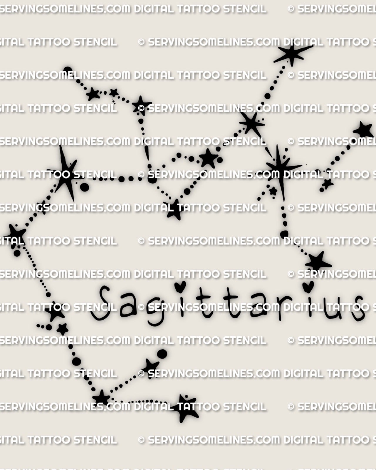 Sagittarius constellation tattoo stencil digital download featuring minimalist zodiac star layout with clean connected points and balanced line structure
