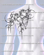 Back-shoulder tattoo placement preview on a man, showing sakura-inspired flowers, sharp neotribal curves and hanging bead chains with a cross charm. 
