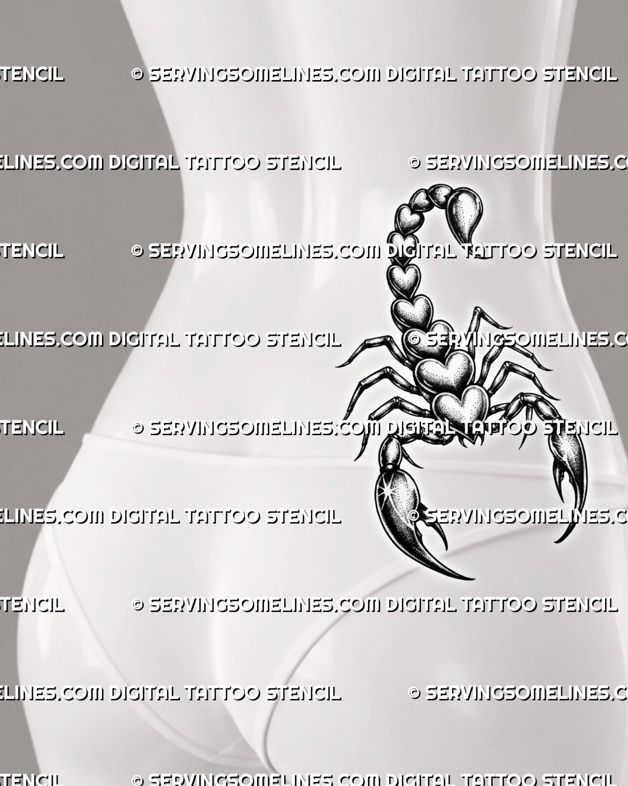 Scorpio heart tattoo displayed on female lower back side placement, with the tail and heart body kept clear for a centered look