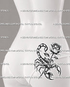Scorpio rose tattoo shown on women's lower back side placement, with a diagonal scorpion, rose stem, and dark floral detail