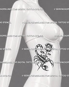 Scorpion and rose tattoo shown on women's ribs, with diagonal body flow, rose stem, raised tail, and blackwork shading