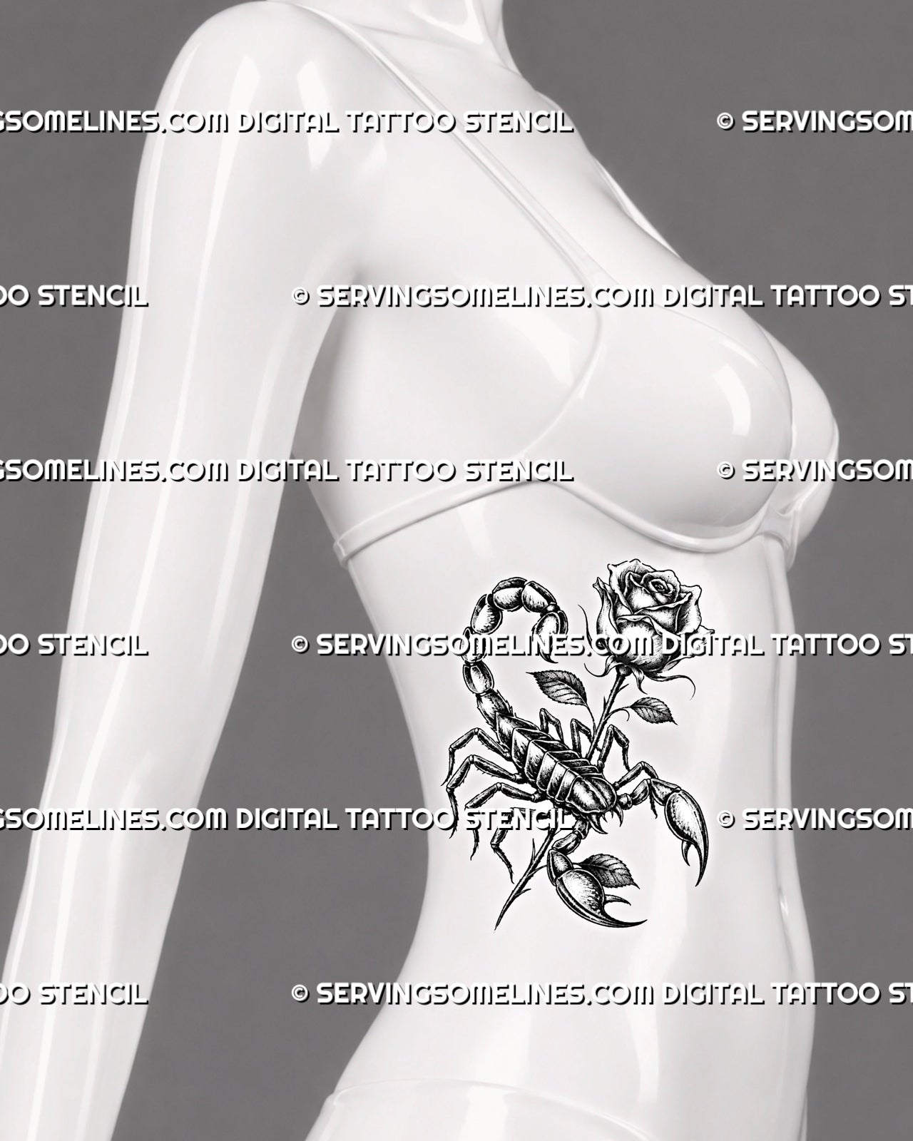 Scorpion and rose tattoo shown on women's ribs, with diagonal body flow, rose stem, raised tail, and blackwork shading