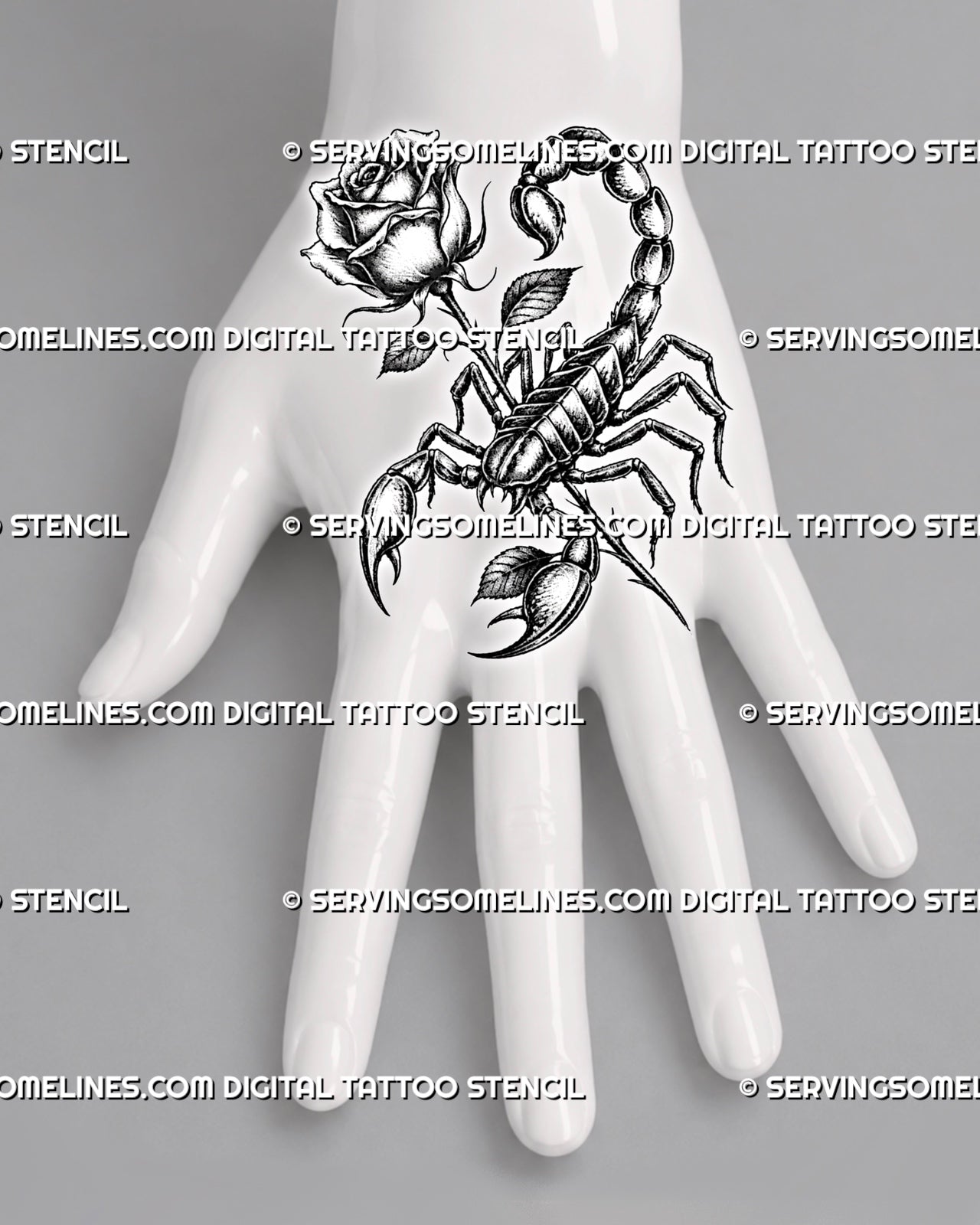 scorpion flower tattoo shown on hand placement, with compact rose detail, curved tail, open claws, and blackwork line contrast