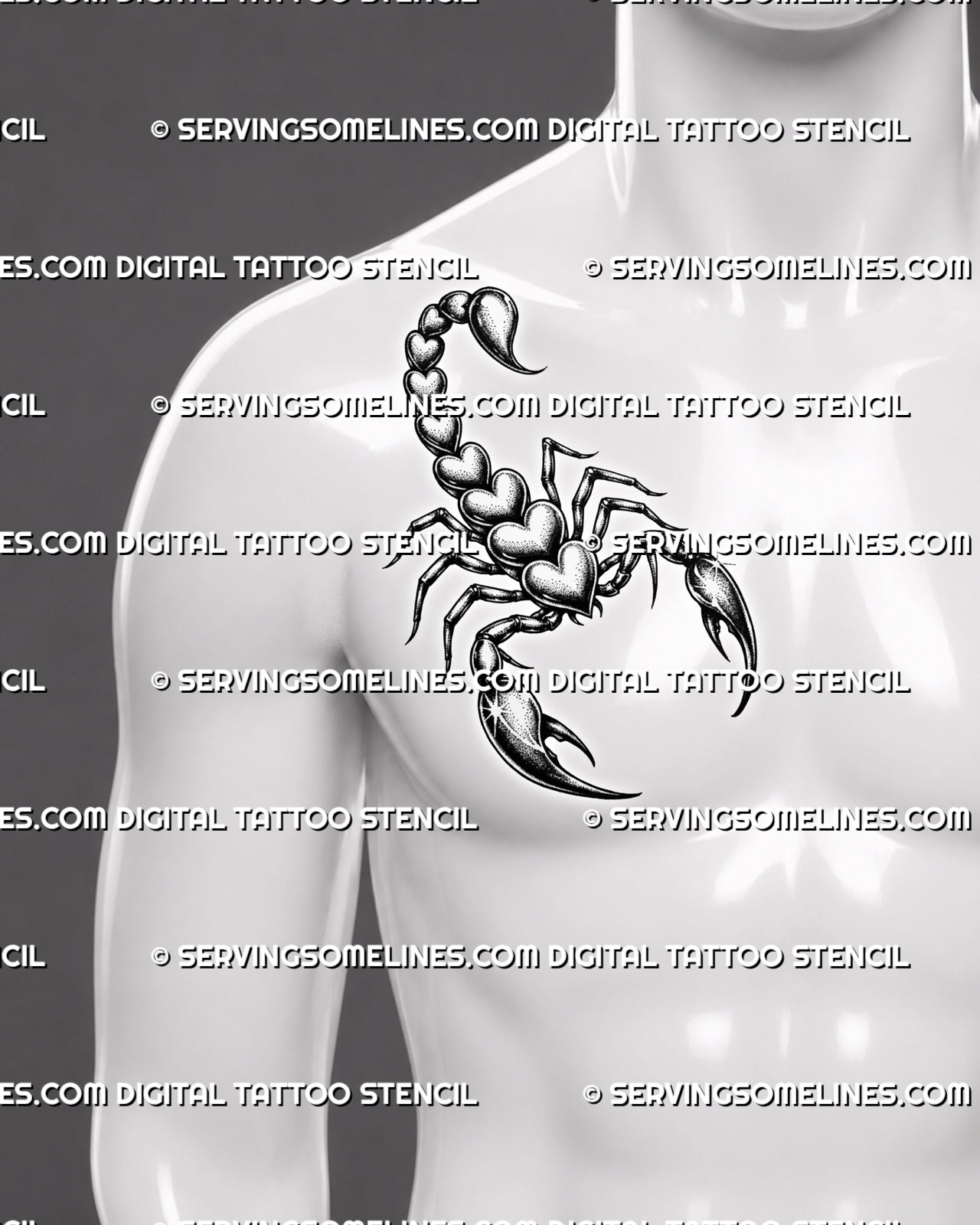 Scorpion heart tattoo shown on men’s side chest placement, using a compact vertical shape with raised tail and bold claw detail