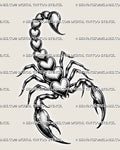 Full scorpion heart tattoo stencil with stacked heart body, raised tail, sharp claws, dotted shading, and clean black linework