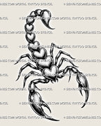 Full scorpion heart tattoo stencil with stacked heart body, raised tail, sharp claws, dotted shading, and clean black linework