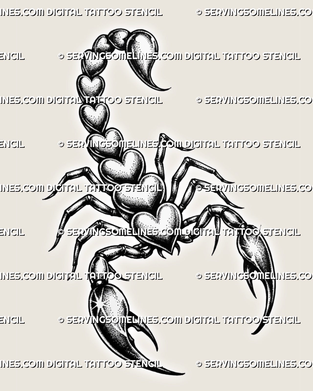 Full scorpion heart tattoo stencil with stacked heart body, raised tail, sharp claws, dotted shading, and clean black linework