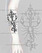 Scorpion key tattoo stencil shown on forearm placement, with gothic key detail, raised claws, and wrapped scorpion body