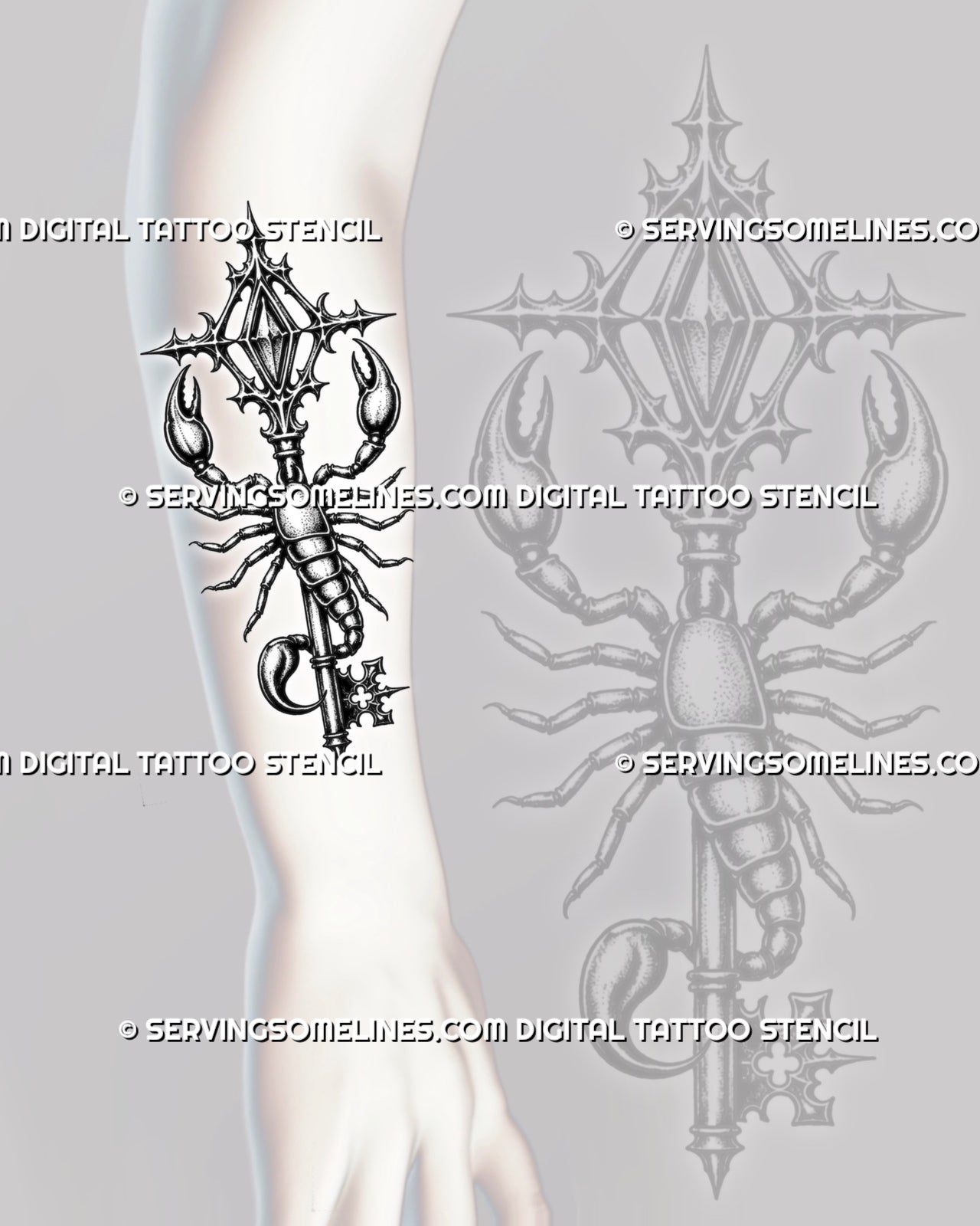 Scorpion key tattoo stencil shown on forearm placement, with gothic key detail, raised claws, and wrapped scorpion body