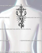Scorpion key tattoo stencil displayed on upper back placement, with gothic ornament detail and a strong vertical key design