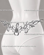Scorpion lower back tattoo stencil shown on feminine lower back placement, with clean ornamental linework and centered scorpion detail