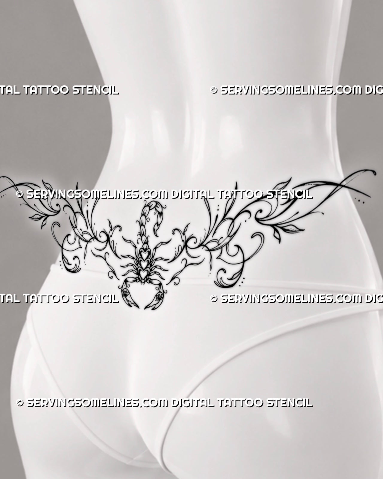 Scorpion lower back tattoo stencil shown on feminine lower back placement, with clean ornamental linework and centered scorpion detail