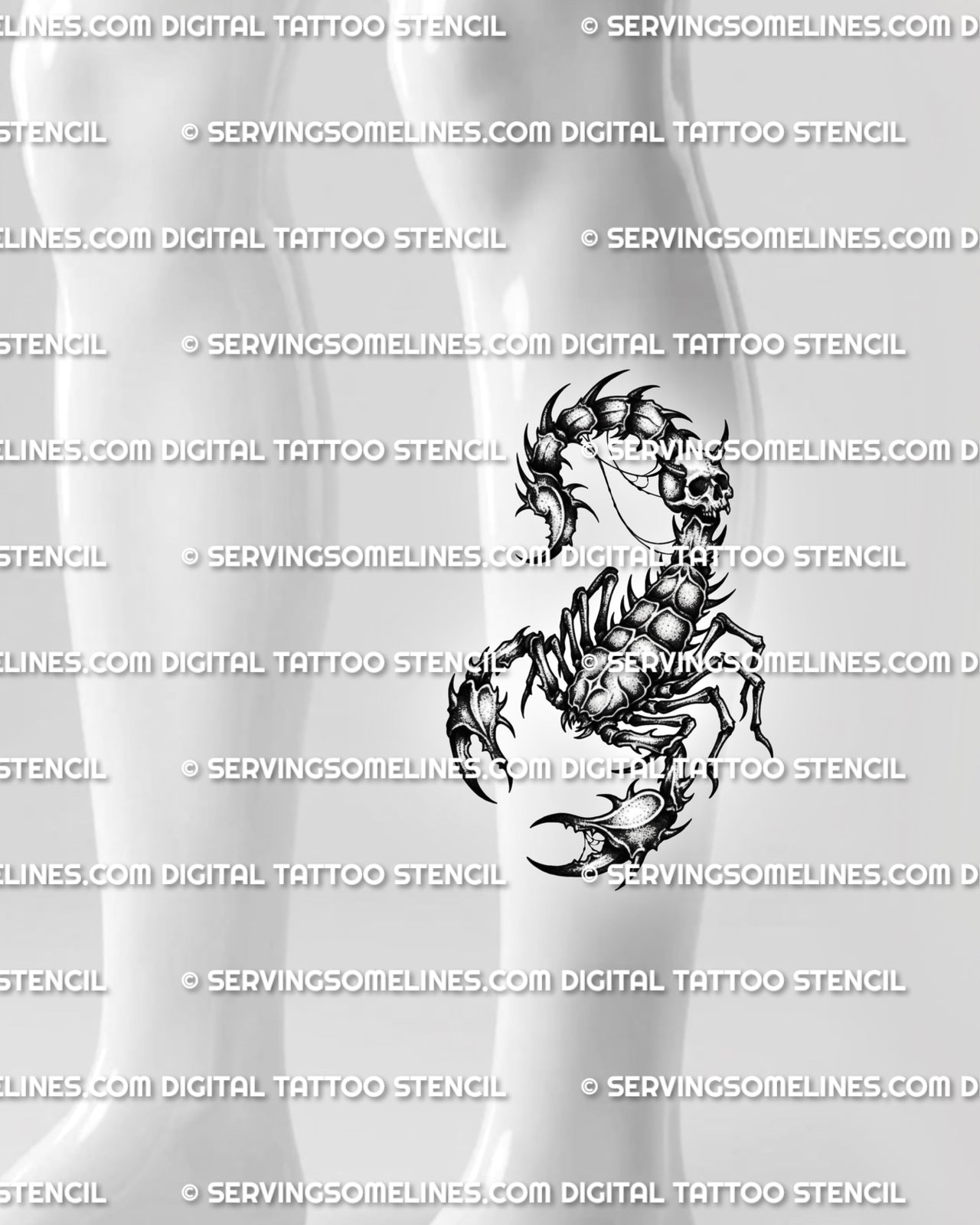 Scorpion skull tattoo displayed on calf placement, with curved tail, segmented body, and clean dark stencil detail. 