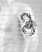 Scorpion tattoo stencil shown on mens bicep placement, with dark shaded linework, skull detail, and clear claw shape.