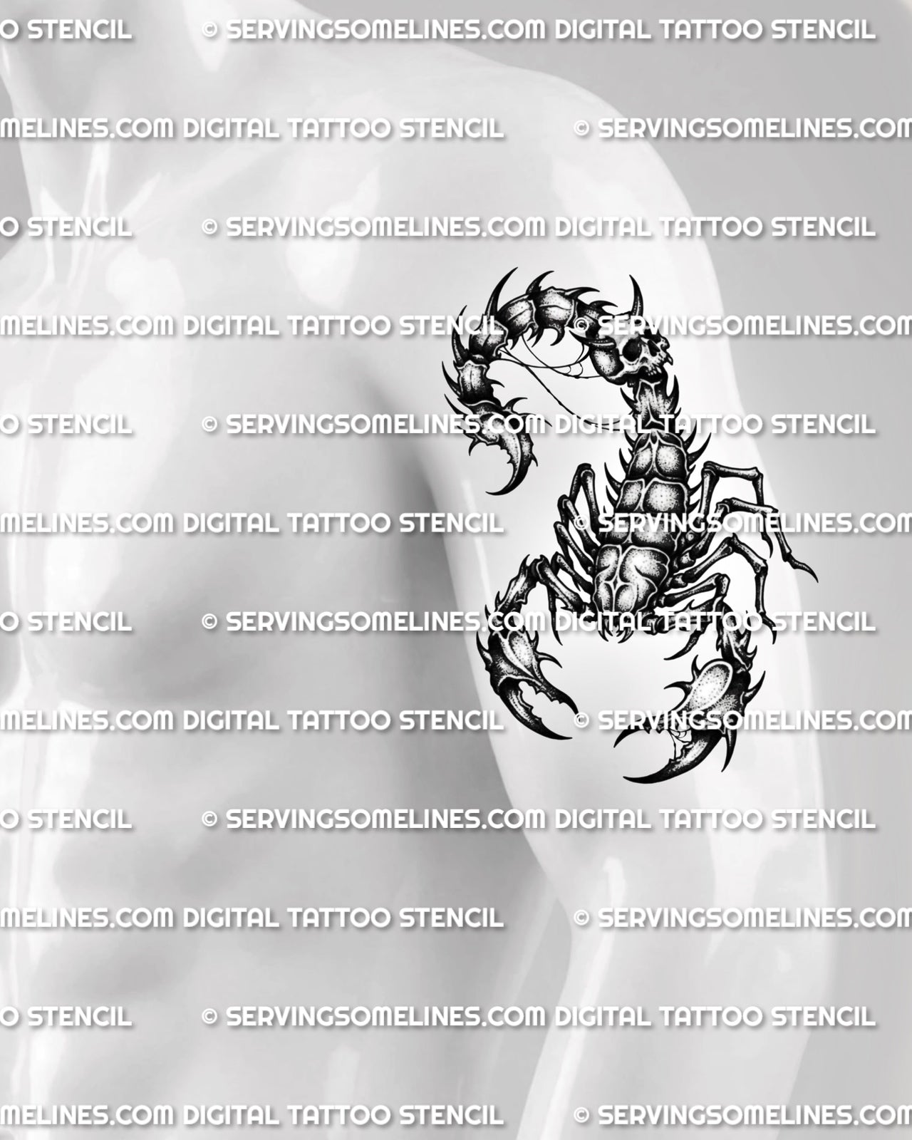 Scorpion tattoo stencil shown on mens bicep placement, with dark shaded linework, skull detail, and clear claw shape.