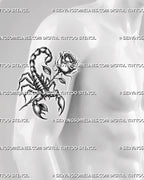 Scorpion tattoo with rose shown on men's arm, with raised tail, segmented body, rose stem, and bold blackwork shading
