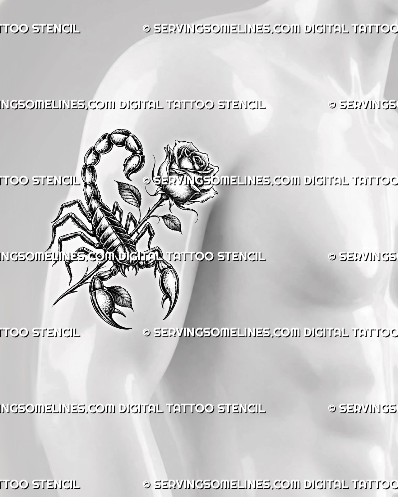 Scorpion tattoo with rose shown on men's arm, with raised tail, segmented body, rose stem, and bold blackwork shading
