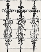 Three script sword tattoo designs with ornate vertical blades, integrated cursive lettering, decorative guards, dotted accents, and feminine gothic filigree linework