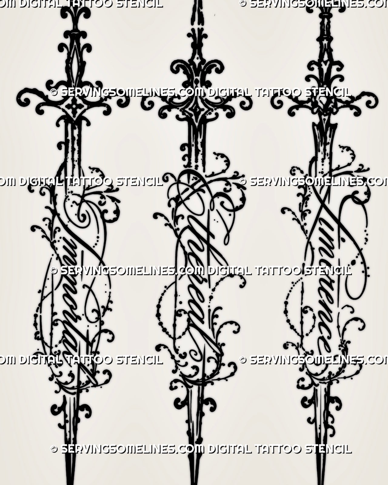 Three script sword tattoo designs with ornate vertical blades, integrated cursive lettering, decorative guards, dotted accents, and feminine gothic filigree linework