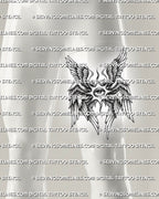 Seraphim angel eye tattoo shown on mens thigh placement, with layered wing detail, sharp points, and readable stencil shape.