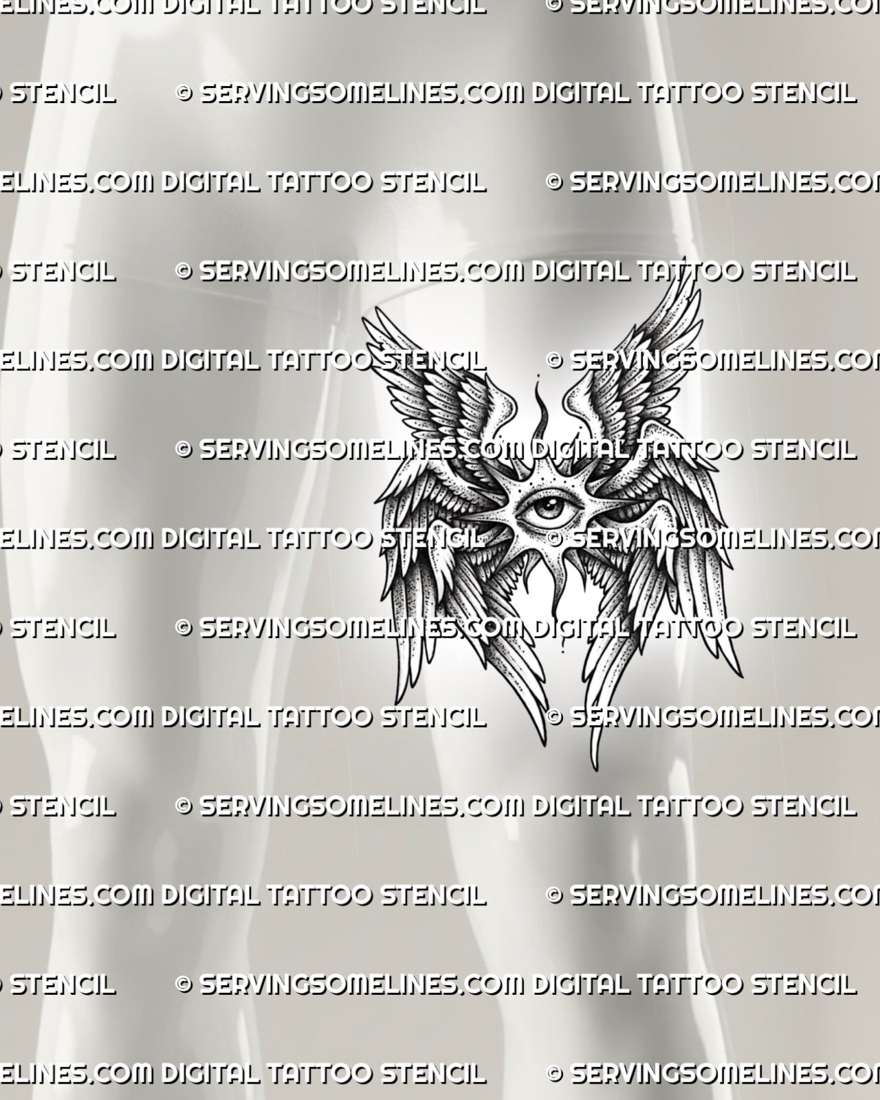 Seraphim angel eye tattoo shown on mens thigh placement, with layered wing detail, sharp points, and readable stencil shape.