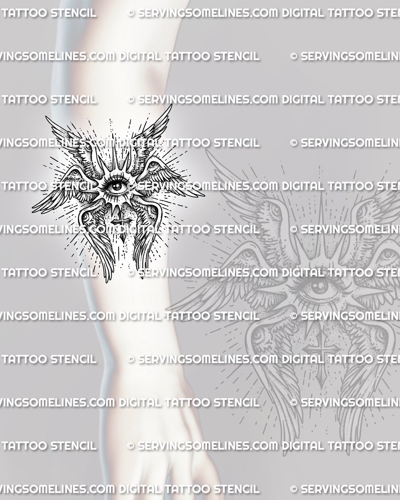 Seraphim angel tattoo shown on forearm placement, with central eye, radiant wings, and clean biblical tattoo stencil detail.