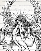 Seraphim angel tattoo stencil with a female winged figure, halo rays, small stars, and rose detail for tattoo use.v