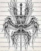 Seraphim back tattoo stencil with layered angel wings, central eye, vertical sword detail, and printable design file.