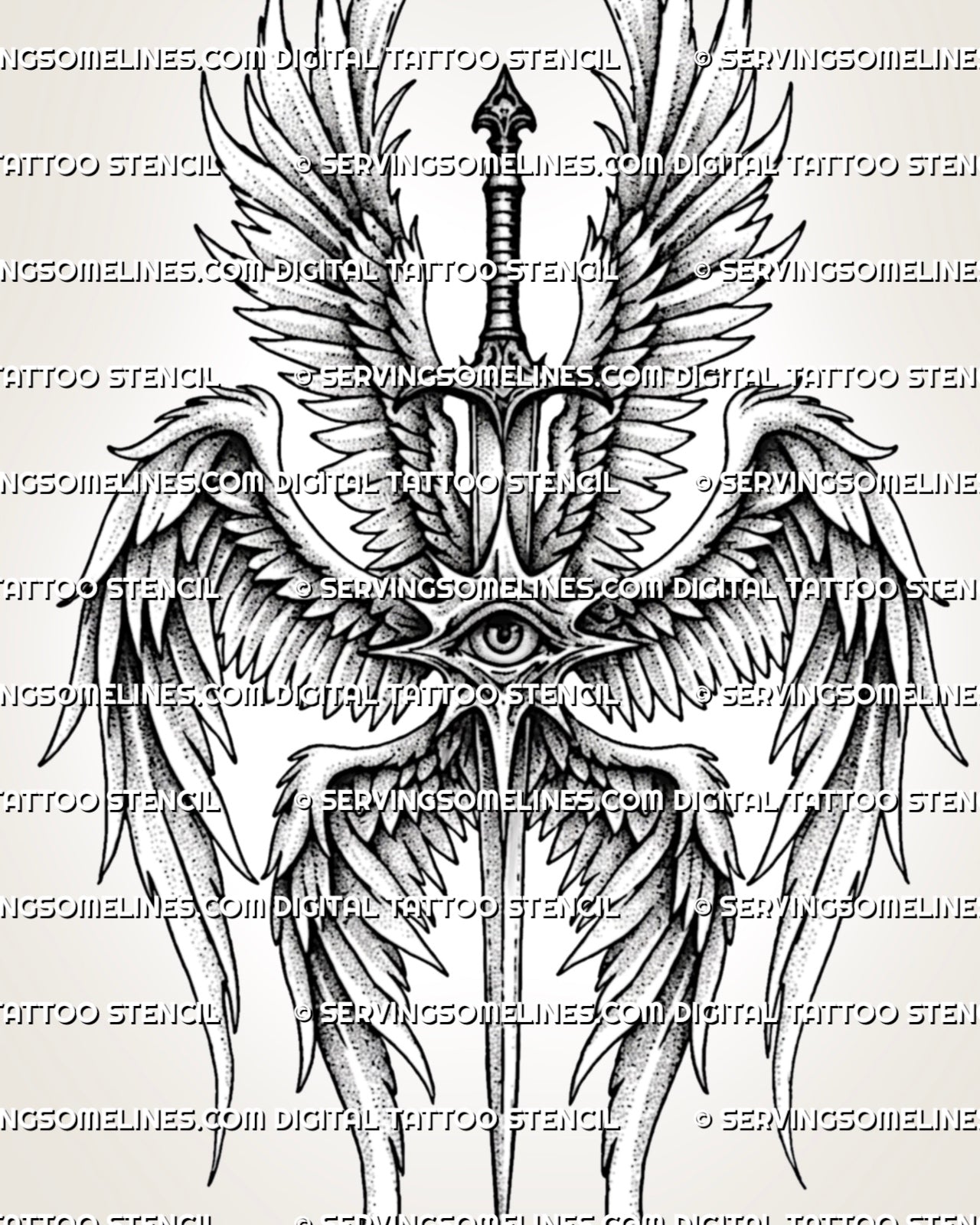 Seraphim back tattoo stencil with layered angel wings, central eye, vertical sword detail, and printable design file.