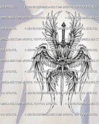 Seraphim back tattoo stencil shown on mens back placement, with layered angel wings, central eye, and vertical sword detail.