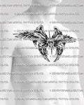 Seraphim chest tattoo stencil shown on mens chest placement, with central eye, wide angel wings, and black and grey shading. 