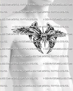 Seraphim chest tattoo stencil shown on mens chest placement, with central eye, wide angel wings, and black and grey shading. 