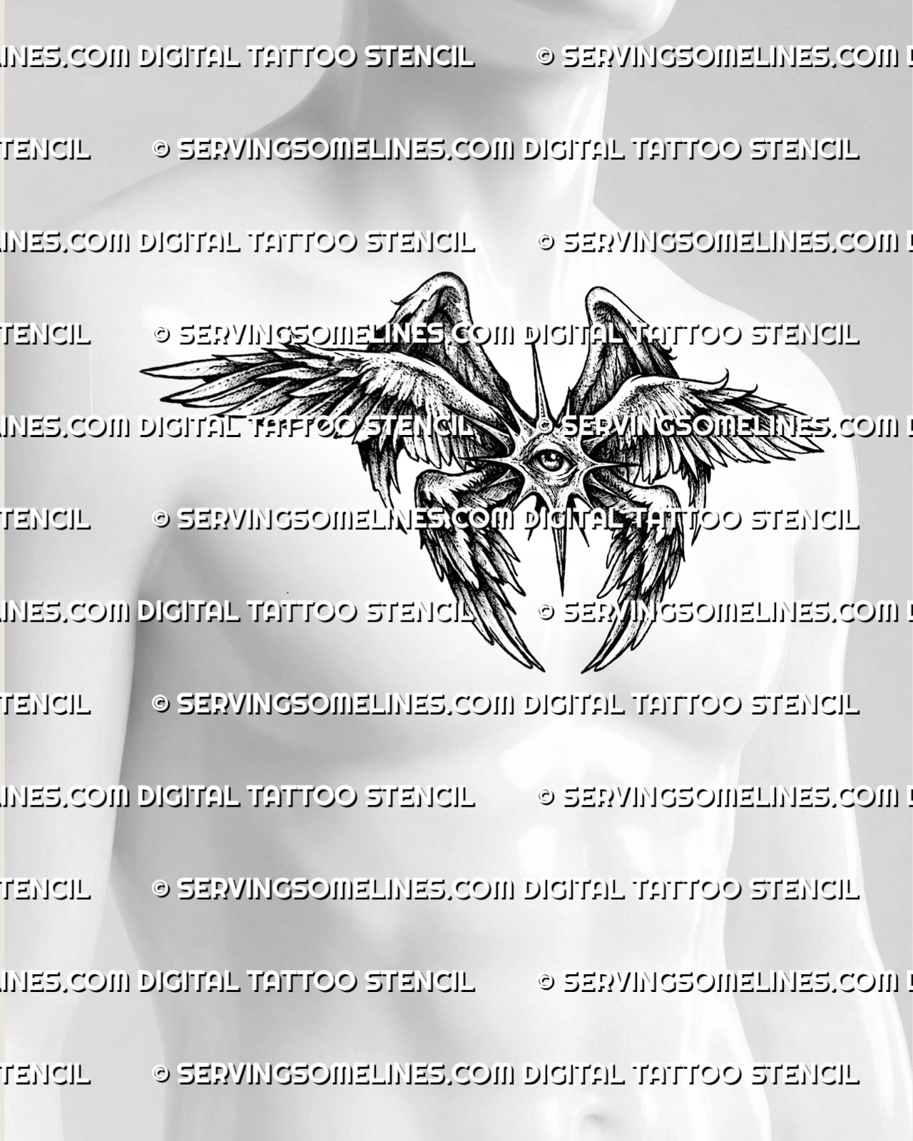 Seraphim chest tattoo stencil shown on mens chest placement, with central eye, wide angel wings, and black and grey shading. 