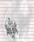Seraphim sword tattoo shown on feminine hip placement, with eyes set into the wings and tall sword-led shape.