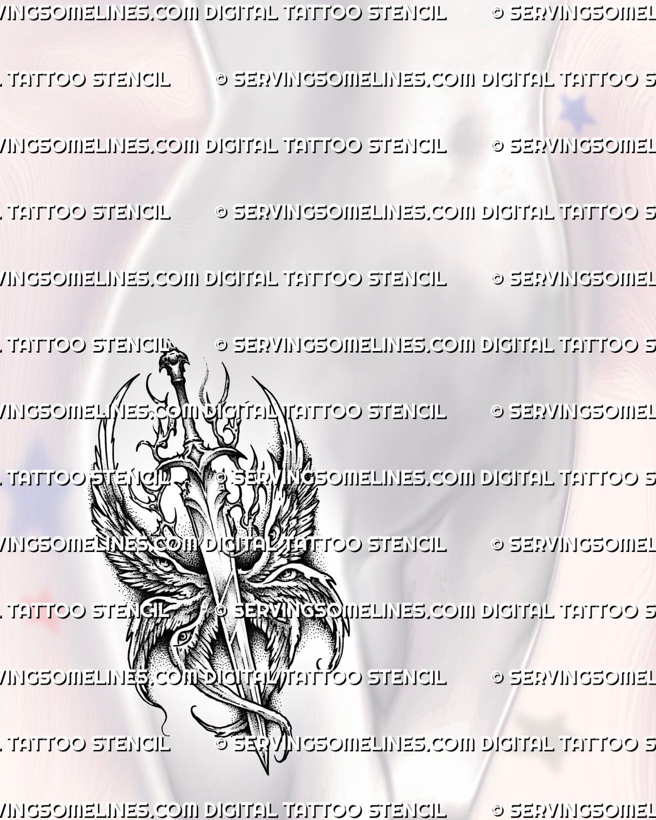 Seraphim sword tattoo shown on feminine hip placement, with eyes set into the wings and tall sword-led shape.