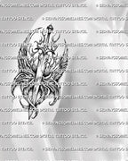 Seraphim sword tattoo shown on mens upper arm placement, with eyes on wings, layered feathers, and vertical sword detail. 