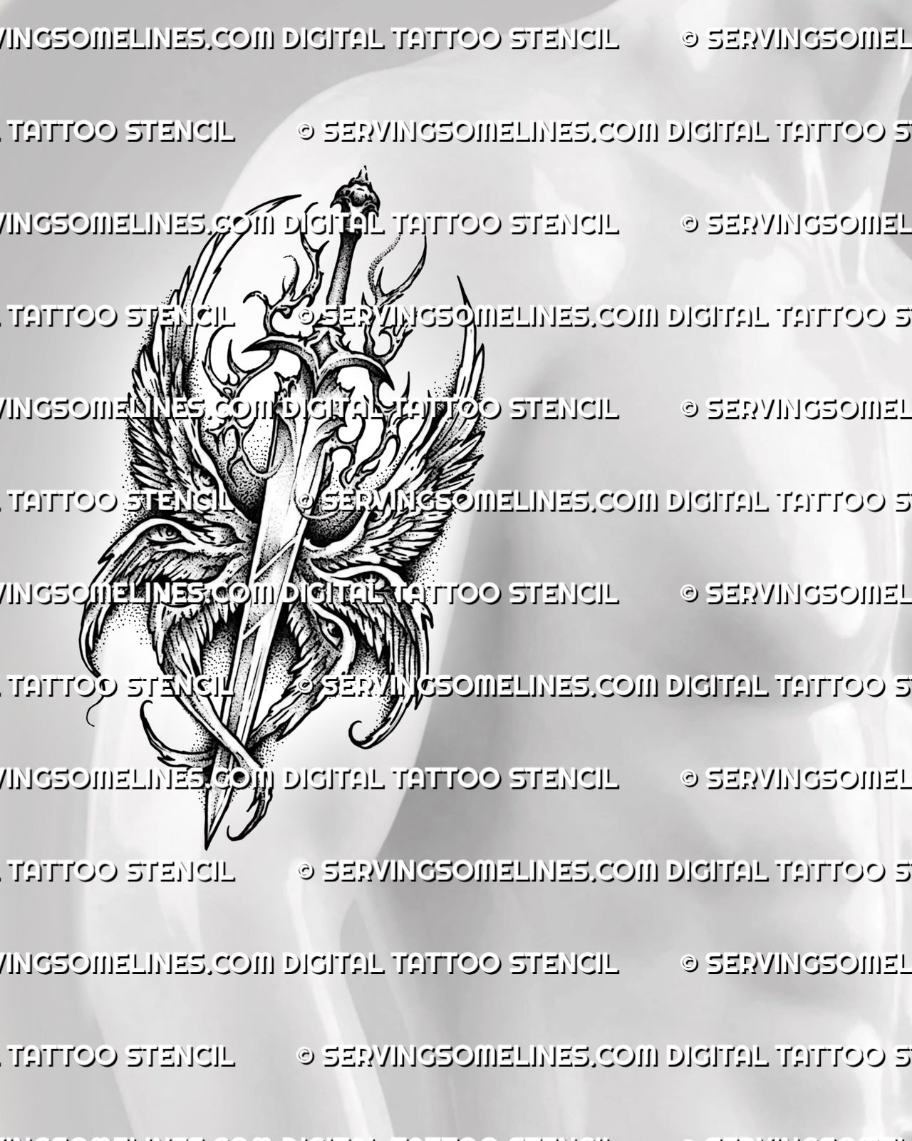 Seraphim sword tattoo shown on mens upper arm placement, with eyes on wings, layered feathers, and vertical sword detail. 