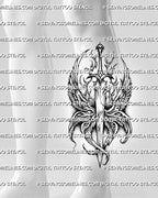 Seraphim sword tattoo stencil shown on calf placement, with eyes on wings, vertical blade, and clear long layout.