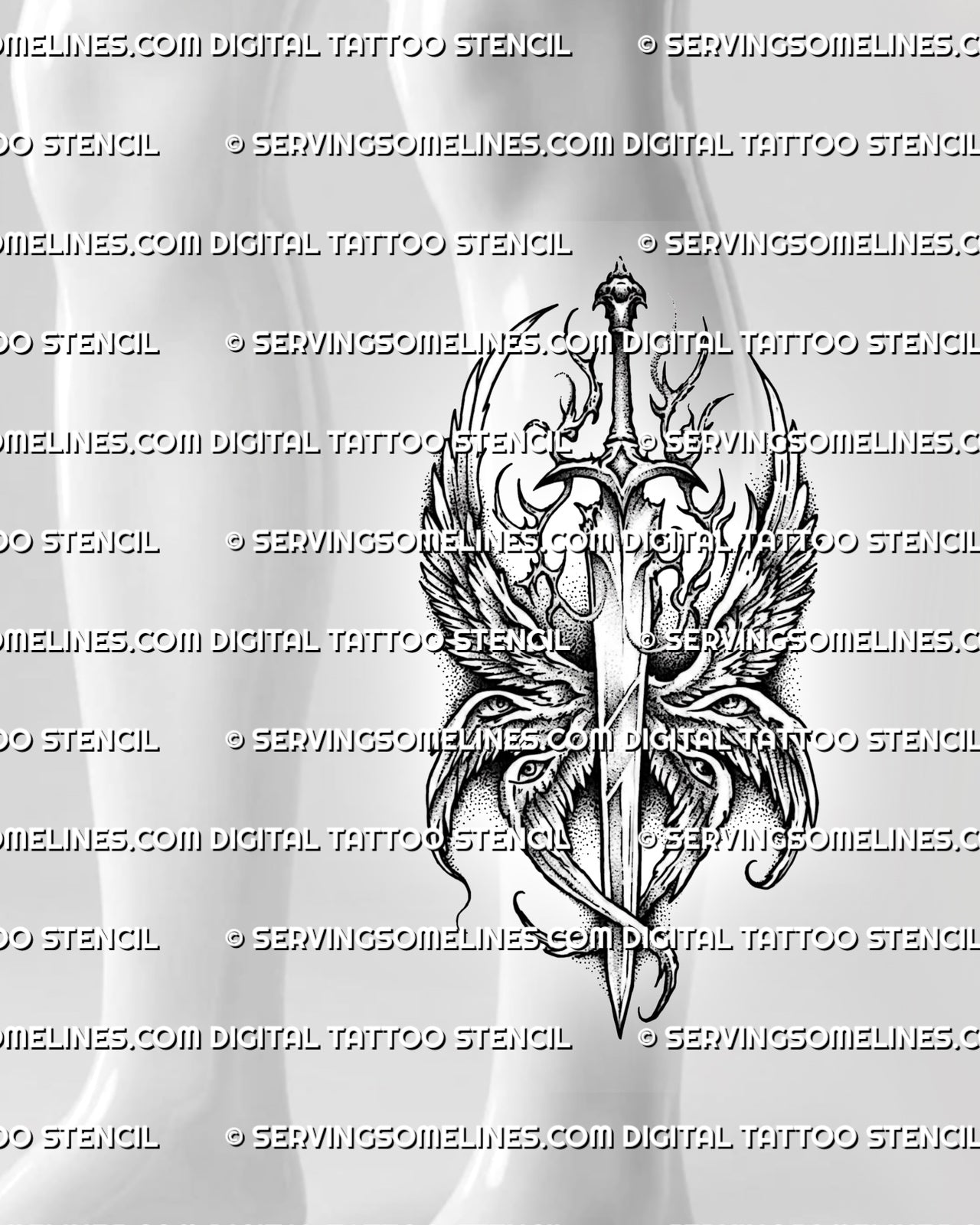 Seraphim sword tattoo stencil shown on calf placement, with eyes on wings, vertical blade, and clear long layout.