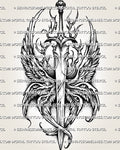 Seraphim sword tattoo stencil with eyes on wings, layered angel wings, flame-like detail, and printable design file.